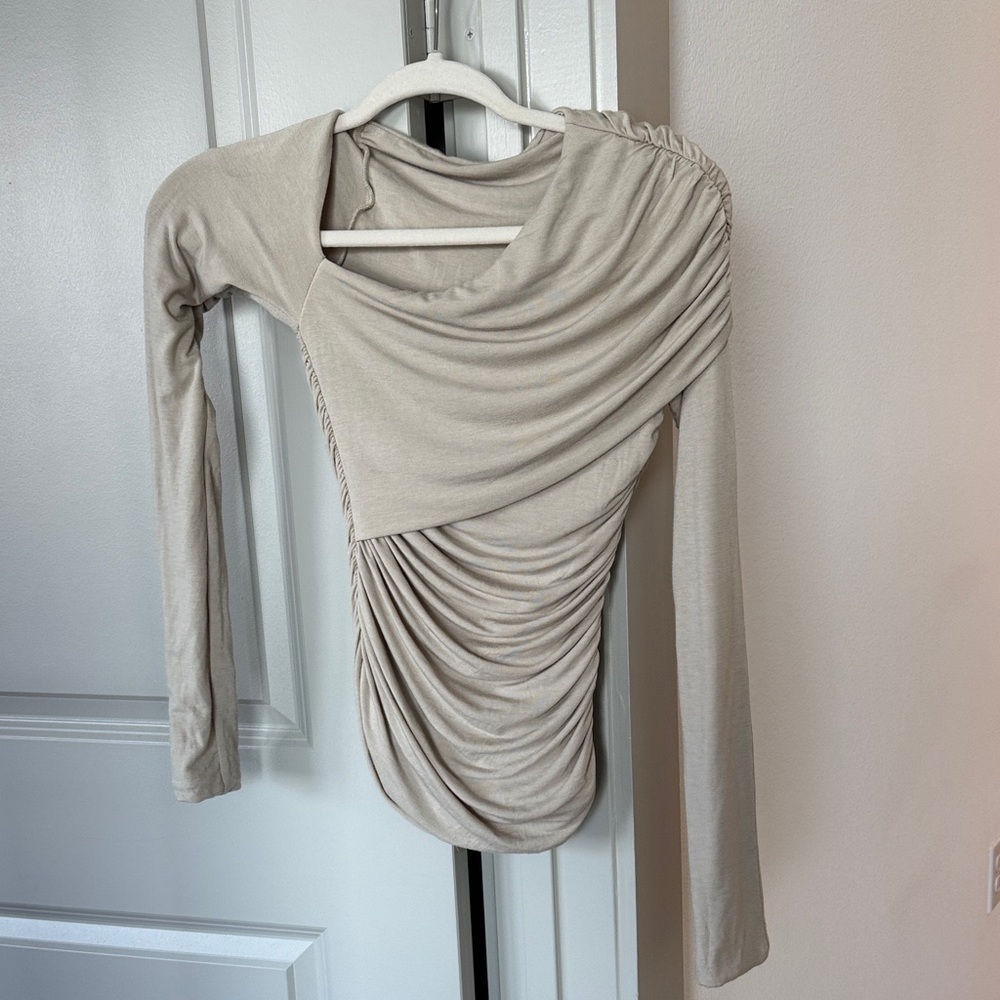 Bayse Cream Ruched Asymmetrical Long Sleeve Blouse